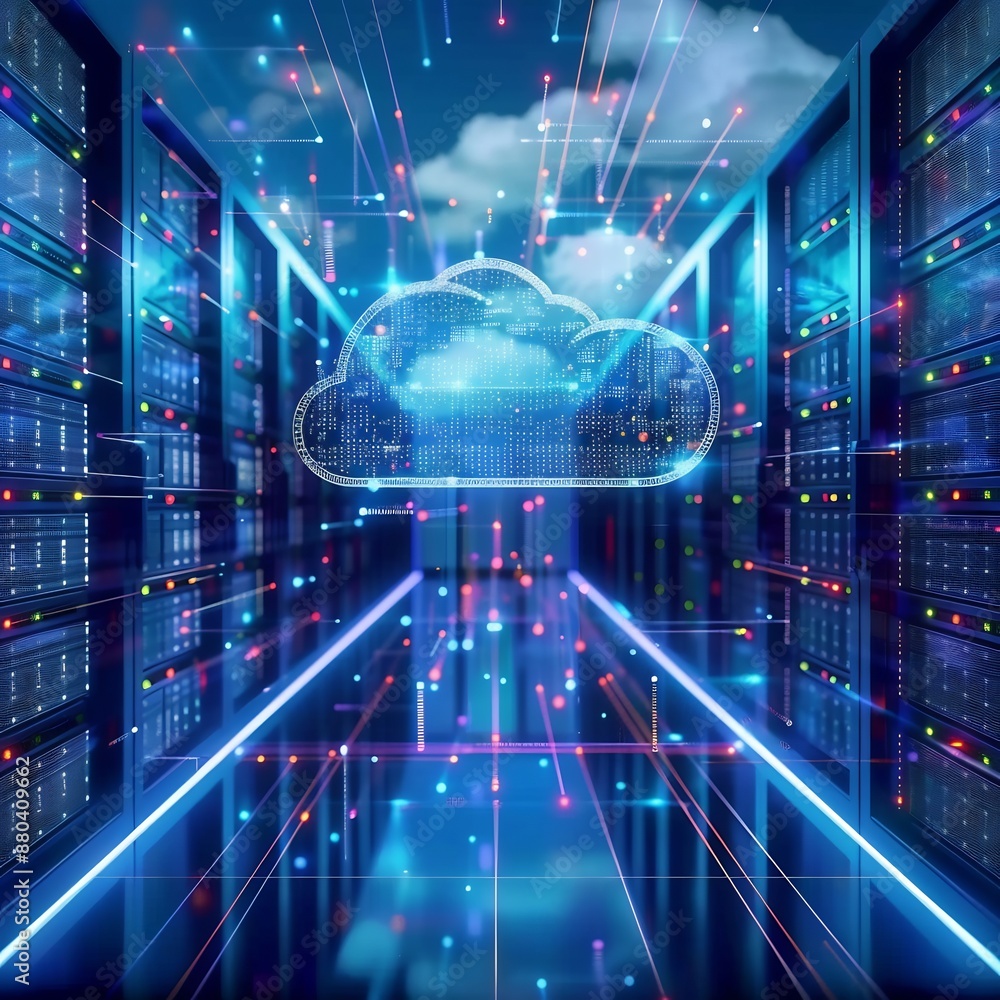 Poster futuristic digital cloud hologram showing cloud computing and digital transformation.