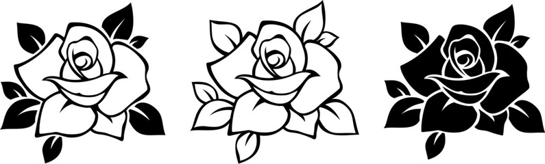 Rose flowers. Black silhouettes of roses with leaves isolated on a white background. Set of vector black and white illustrations