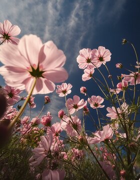 Primer plano de flores en escorzo con el cielo azul de fondo en un campo 
