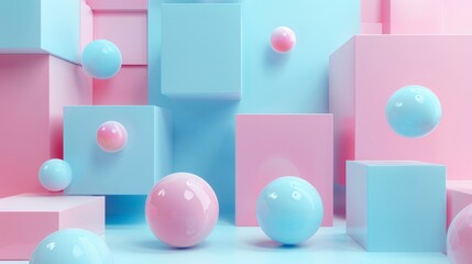 Abstract Composition of Pink and Blue Spheres and Cubes