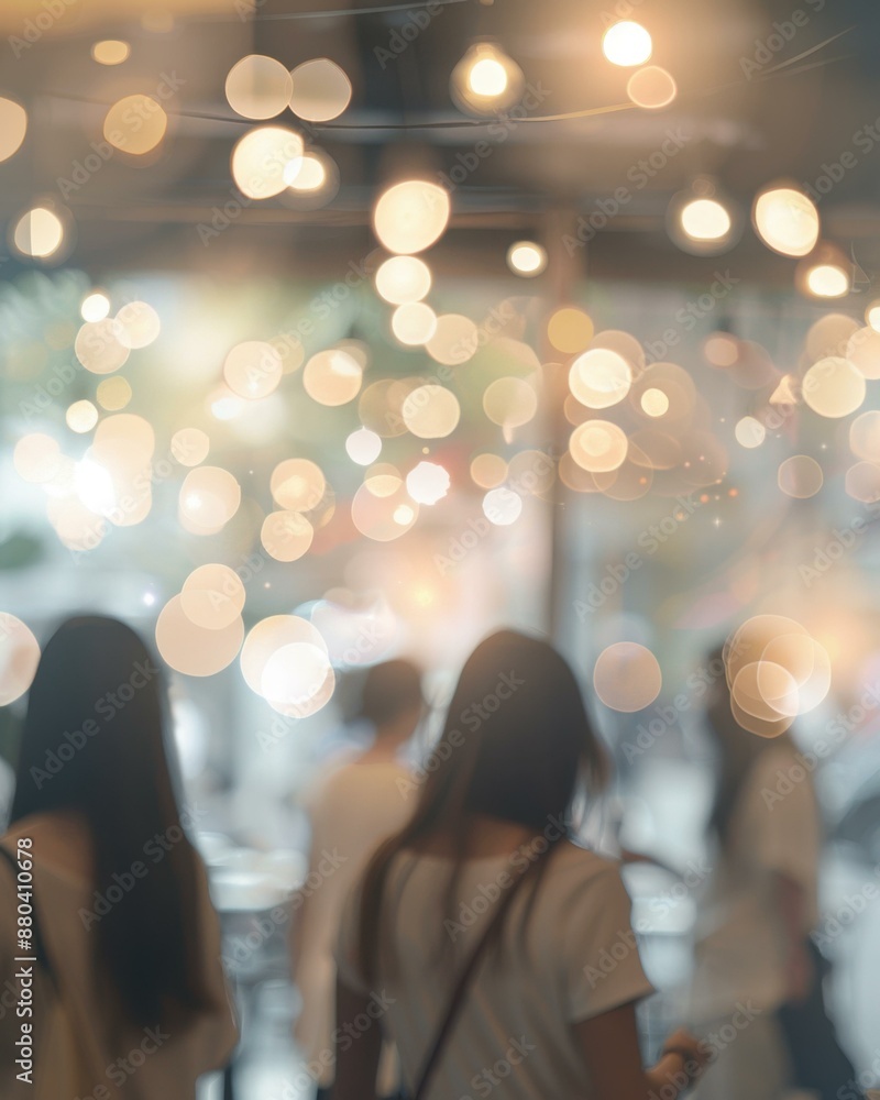 Poster blurred image of people walking in a busy street with bokeh lights in the background. ai.