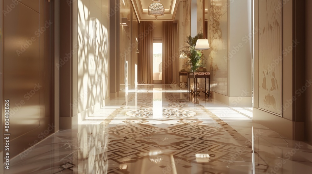 Poster elegant corridor with marble flooring and intricate patterns