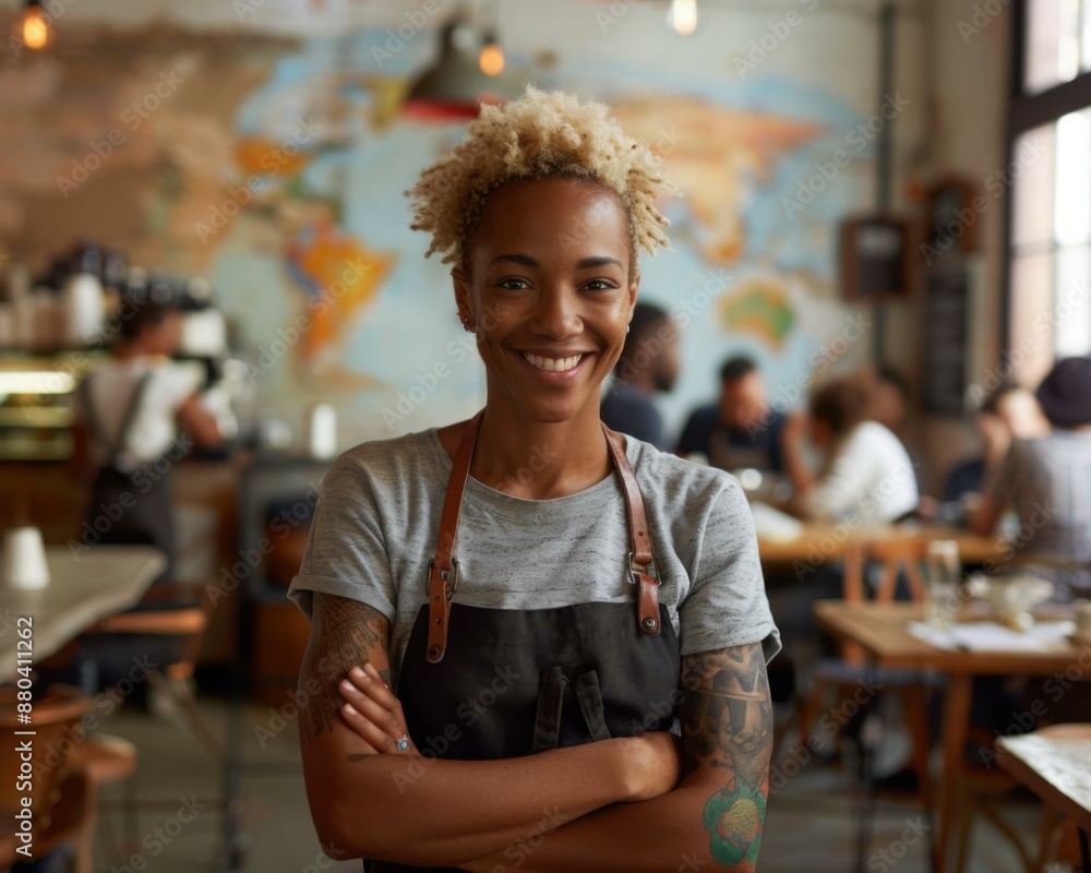 Sticker Portrait of a smiling young woman standing in a coffee shop. AI.