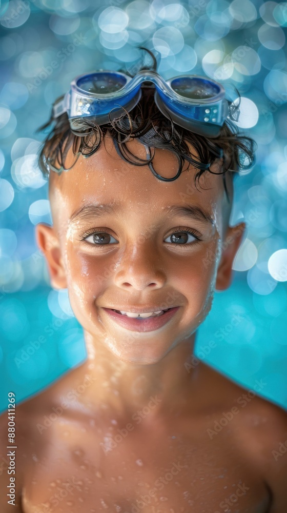 Canvas Prints A young boy with goggles smiling in a pool. AI.