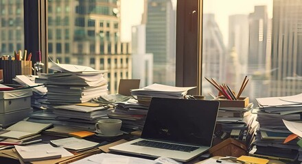Office desk cluttered with documents, laptop, coffee, and a city view
