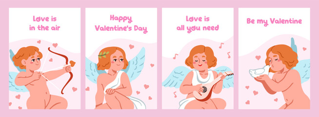 Happy Valentine's Day postcards set. Cute cupids, baby angels, winged characters. February 14, greeting cards, posters, romantic backgrounds with quotes, amor phrases. Flat vector illustrations