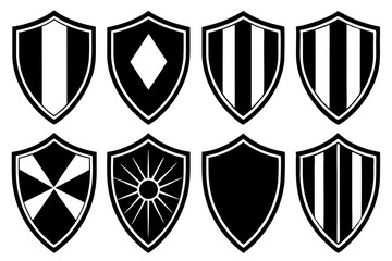 Shield icon set in vintage style. Protect shield security icons. Shield badge quality symbol. Collection of security shield icons. Vector illustration