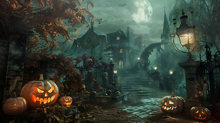 Obraz premium Beautiful festive background for Halloween with pumpkins. AI Generated
