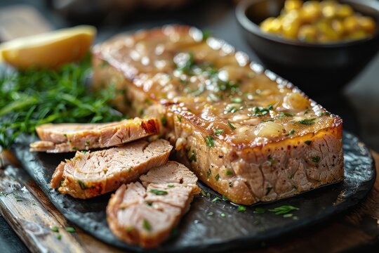A serving of holodets, a savory meat jelly made from pork or chicken, sliced and served with mustard and horseradish. 