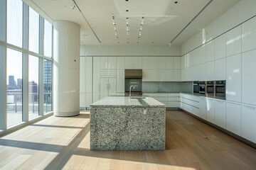 Modern kitchen island with city views.