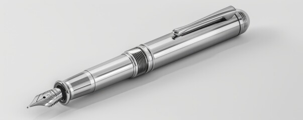 Naklejka premium Isolated silver fountain pen on white background mockup, 4K hyperrealistic photo