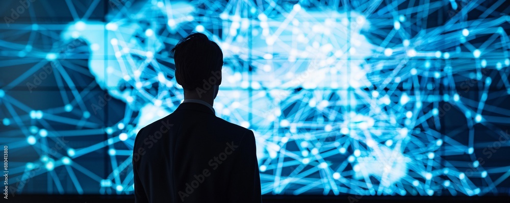 Poster silhouette of a manager standing in front of a large screen displaying a complex routing network for