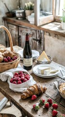 Ripe and juicy strawberries in a wicker basket stand on a wooden table, next to a bottle of red wine, cheese and crispy croissants