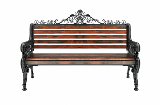 A wooden bench with a metal frame and ornate design