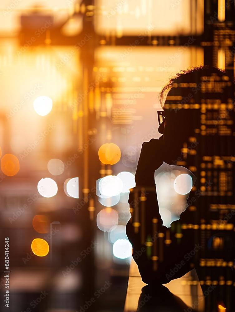 Poster silhouette of a manager reviewing shipping schedules, with a graphical representation of logistic ro