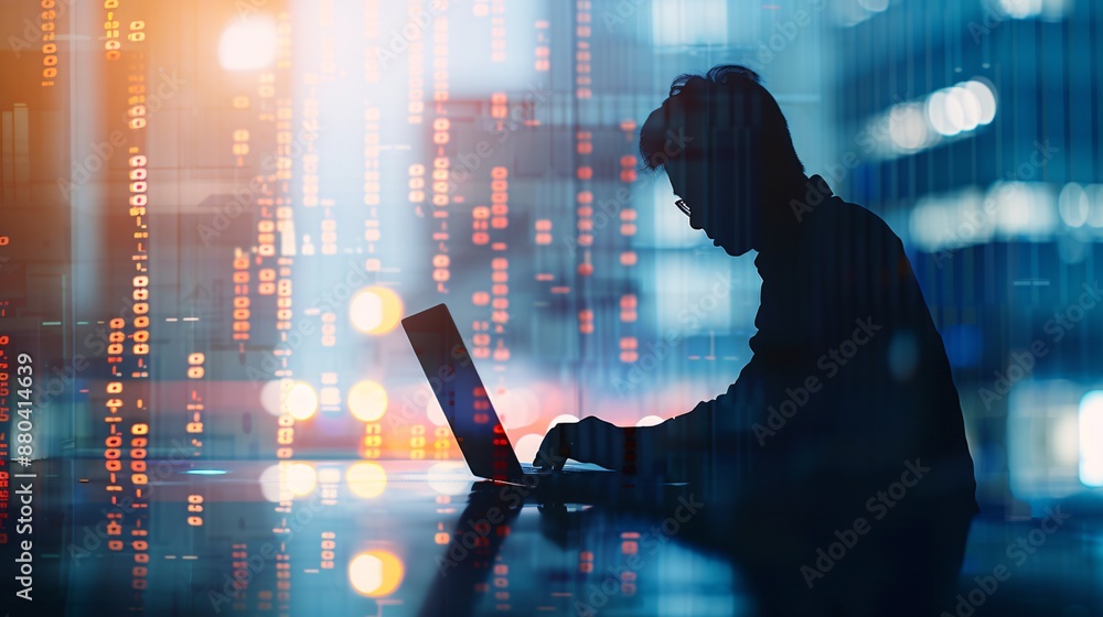 Poster silhouette of a manager inputting data on a laptop, with a backdrop of global logistic networks and 