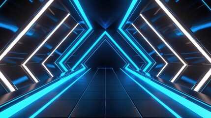 Futuristic blue neon light tunnel with geometric lines