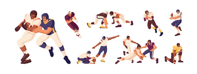 American football players set. Professional athletes playing rugby, sports game. Men in helmets attack, defend, catch, throw ball on championship. Flat isolated vector illustration on white background © Paper Trident