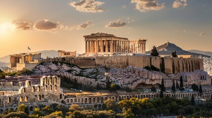 Iconic Athenian Acropolis at sunset, featuring the majestic Parthenon atop its hill.