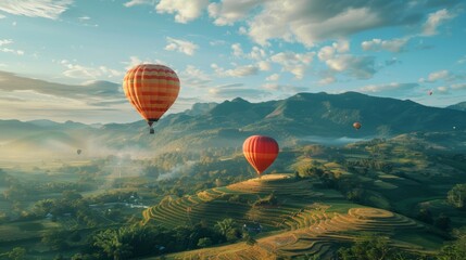 Fototapeta premium Hot air balloons soar over a picturesque mountain landscape in Chiang Mai, Thailand.