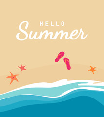 Tropical beach with sand, sea and umbrella, top view. Summer vacation flyer with starfish, flip flops and beach umbrella. vector illustration