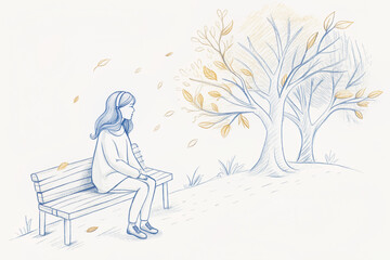 Serene Sketch of a Woman Sitting on a Bench by a Tree Tranquil Autumn Scene in Pastel Colors