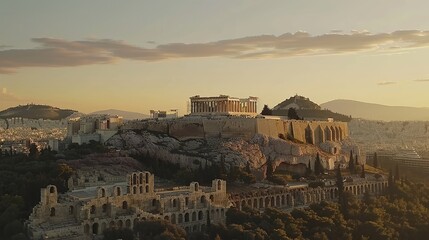 Obraz premium Iconic Athenian Acropolis at sunset, featuring the majestic Parthenon atop its hill.