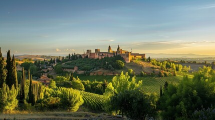 Obraz premium Panoramic view of the historic Alcázar of Segovia, a Spanish castle perched atop a hill amidst verdant greenery, as the sun casts a golden glow against a clear evening sky.