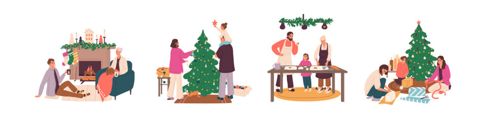 Happy people preparing for winter holidays set. Family with kids decorate Christmas tree, baking Xmas cookies, wrapping New Year gifts together. Flat isolated vector illustrations on white background