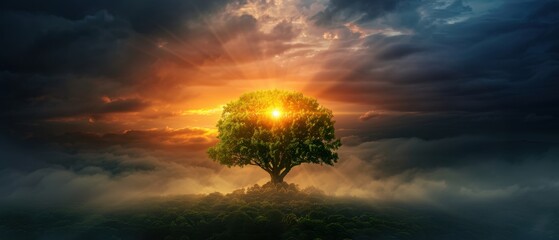 Fototapeta premium Majestic Tree Illuminated by Sunlight Amidst Dramatic Cloudscape at Sunset