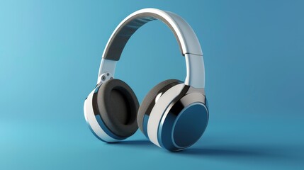 Naklejka premium Realistic 3D wireless headphones in over-ear and in-ear designs isolated on a blue backdrop, perfect for showcasing audio technology products.