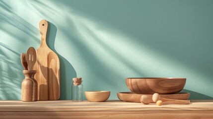 Minimalist Wooden Kitchen Utensils on Wooden Counter
