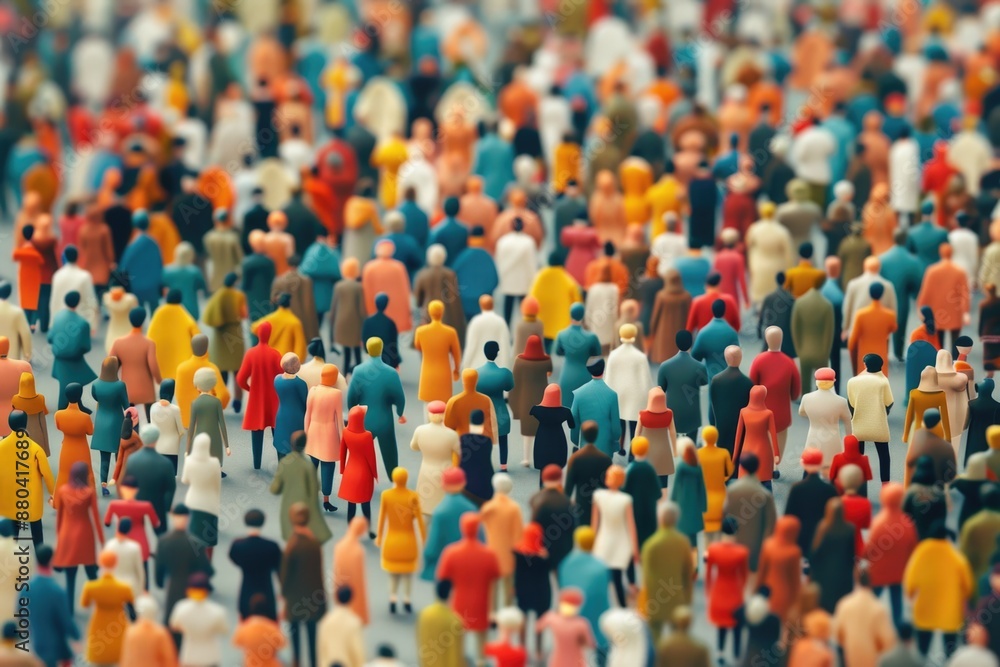 Poster a large group of people standing together in a crowd, suitable for use in event or public space scen