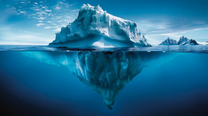 Natural landscape. Large iceberg floating in the ocean. Part of a giant iceberg is outside and part is under water. Concept of cold, natural phenomena.