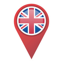 Fototapeta premium Location pin marker with flag of Great Britain. Glossy location pin marker isolated on white background.