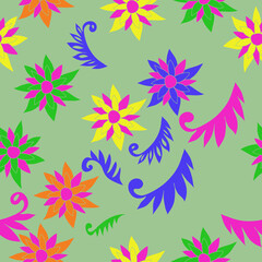 Seamless doodle colored leaves, flower . Hand drawn.