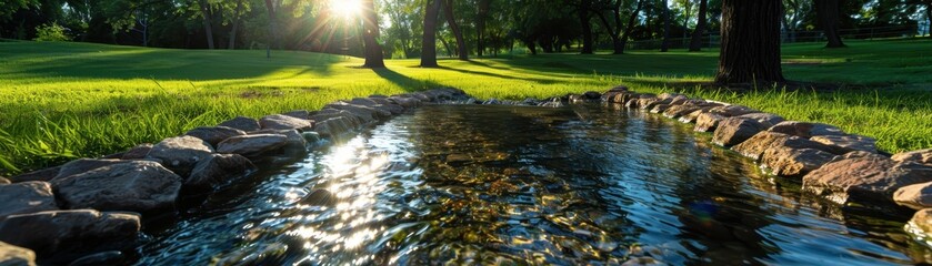 Naklejka premium Serene Park Stream with Sunlight Filtering Through Trees in a Lush Green Landscape