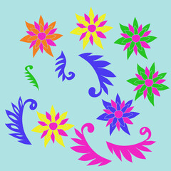 Cartoon  colored leaves, flower . Hand drawn.