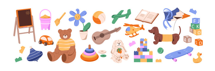 Cute kids toys set. Childish cars, ball, plush bear. Educational games for children: chalkboard, book, pyramid. Different cubes, blocks for babies' playing. Flat isolated vector illustrations on white