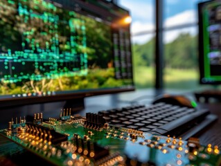 Close-up of Computer Circuit Board with Modern Technology Interface on Screens in Background