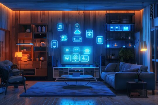 Modern Living Room With Smart Home Technology and Wireless Connectivity. A wall-mounted TV shows smart home icons for connected devices and wireless internet