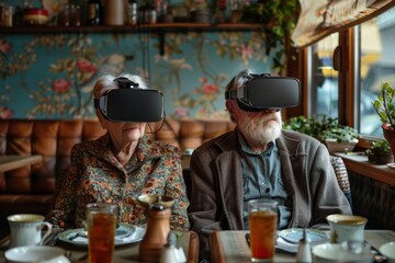 An elderly couple enjoys a virtual reality experience while dining at a restaurant, wearing VR headsets.