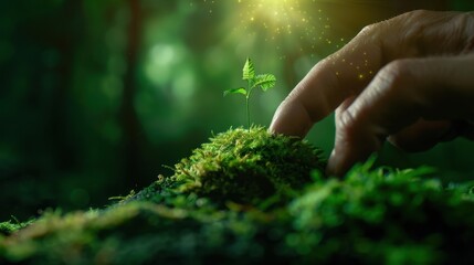 Fototapeta premium Hand Touching a Small Plant Growing on Moss in a Forest with Sunlight Streaming Through the Trees