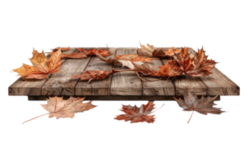 Wooden top view with autumn leaves isolated on transparent background