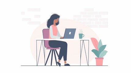 A woman sitting at her desk with a laptop. A web banner or social media post. Remote work