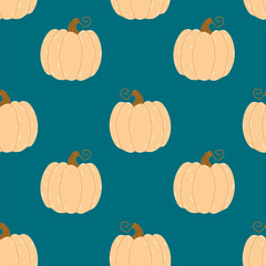 Seamless pattern with pumpkins on blue background. Autumn background. Botanical print on fabric, wrapping paper. Pumpkin harvest.