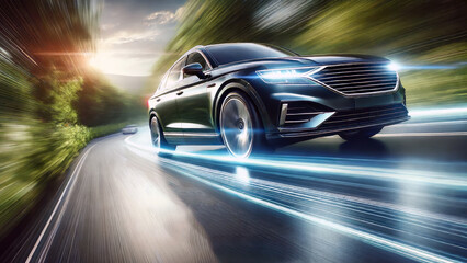 High-speed car on winding road