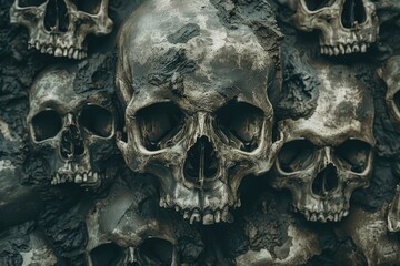 A collection of skulls sitting on top of a stone or brick wall, with varying levels of detail and realism