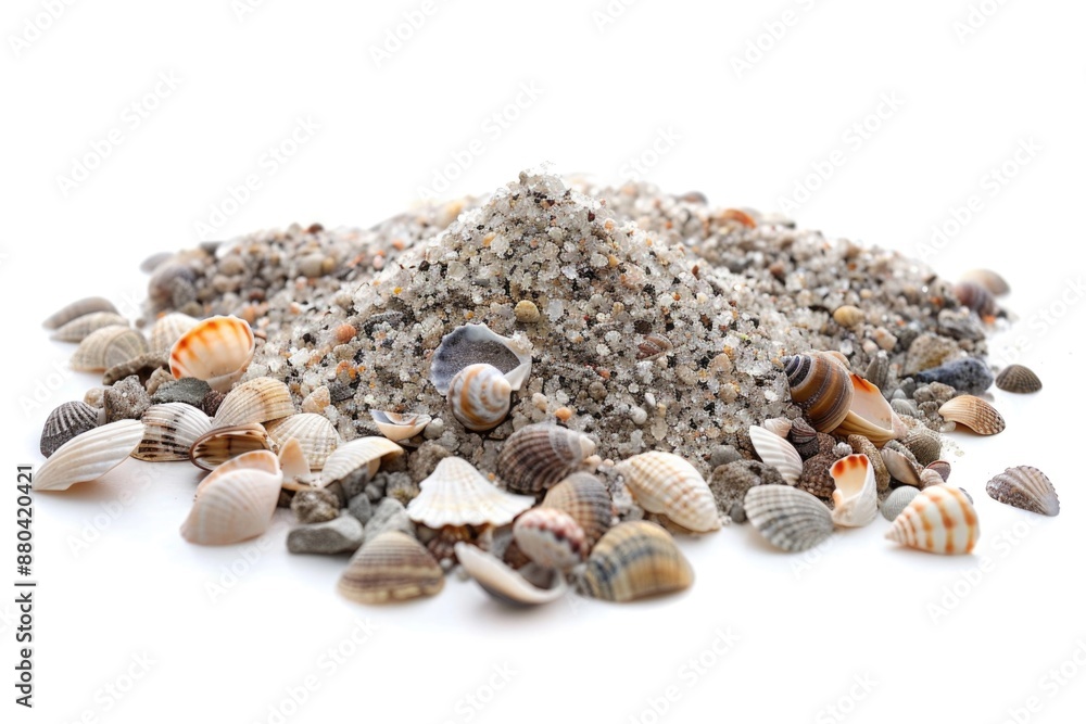 Aufkleber a pile of sand and shells on a white surface, suitable for decorative or editorial use