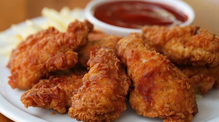 Crispy fried chicken with dipping sauce and fries snack